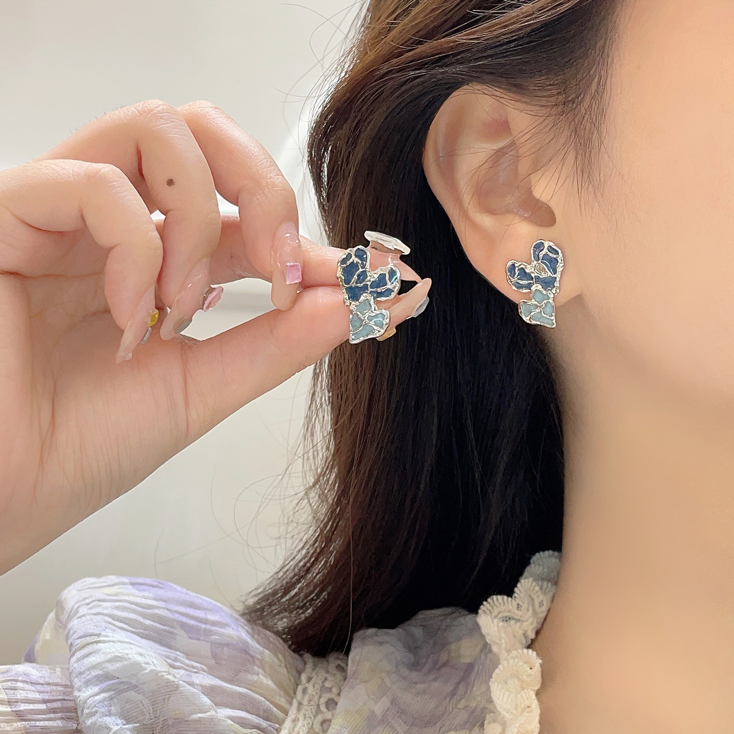 复古不规则蓝色爱心形耳钉