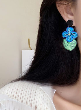 油画感蓝色耳环彩色花朵