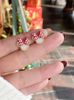 S925银针蝴蝶结米奇耳钉红色可爱耳环2021新款潮甜美无耳洞耳夹女