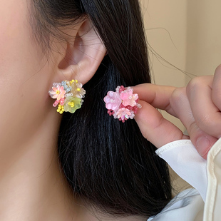 多巴胺夏日氛围感甜蜜花朵耳钉水晶串珠少女心手作耳环无耳洞耳夹