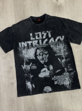 Lost intricacy恶搞复古洗水印花烫钻美潮嘻哈高街纯棉短袖T恤衫