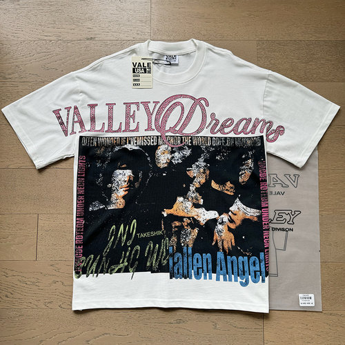 潮牌Vale Valley美式复古印花烫钻洗水做旧重磅双纱纯棉短袖T恤衫