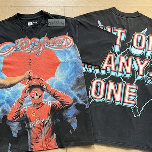 美式潮牌godspeed复古骷髅人印花洗水做旧ins摇滚宽松纯棉短袖T恤