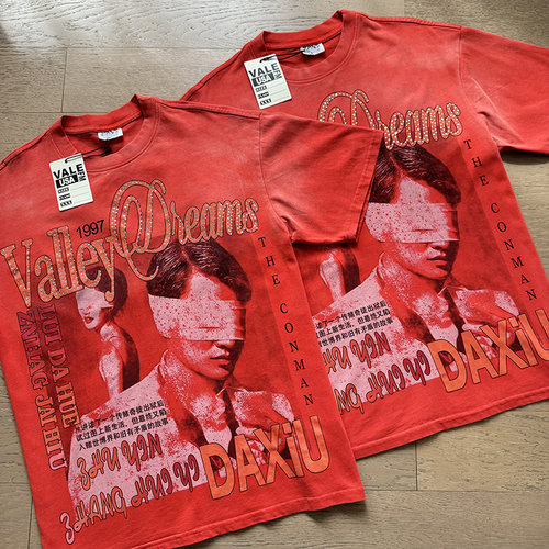 Vale Valley美式潮牌复古电影印花洗水做旧烫钻重磅纯棉短袖T恤夏
