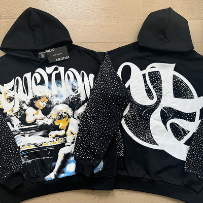 MIXED EMOTION美式天使印花烫钻潮牌高街嘻哈纯棉毛圈卫衣连帽衫