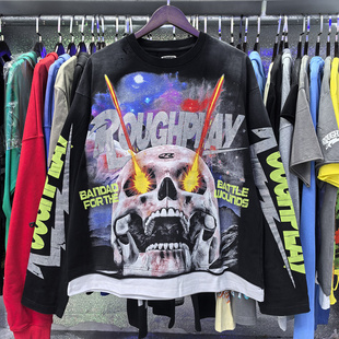 潮牌ins宽松纯棉T恤长袖 Play复古骷髅头洗水拼接破洞美式 Rough