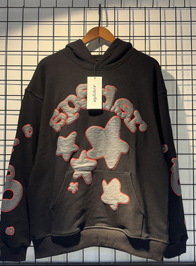 潮牌Sp5der美式星星发泡字母印花ins情侣宽松毛圈纯棉连帽衫卫衣