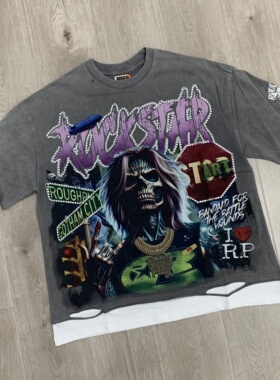 RoughPlay美式潮牌洗水做旧破洞烫钻纯棉宽松情侣假两件短袖T恤衫