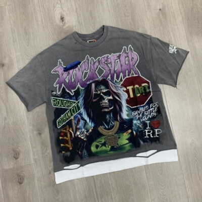 RoughPlay美式潮牌洗水做旧破洞烫钻纯棉宽松情侣假两件短袖T恤衫