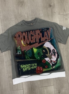 美式RoughPlay纯棉INS款短袖复古洗水做旧烫钻破洞假两件T恤上衣