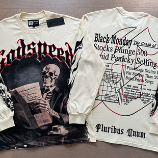 godspeed美式潮牌看报绅士印花复古INS摇滚纯棉情侣宽松长袖T恤衫