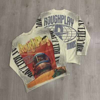 RoughPlay美式街头骷髅白墨直喷洗水烫钻破洞假两件纯棉长袖T恤衫