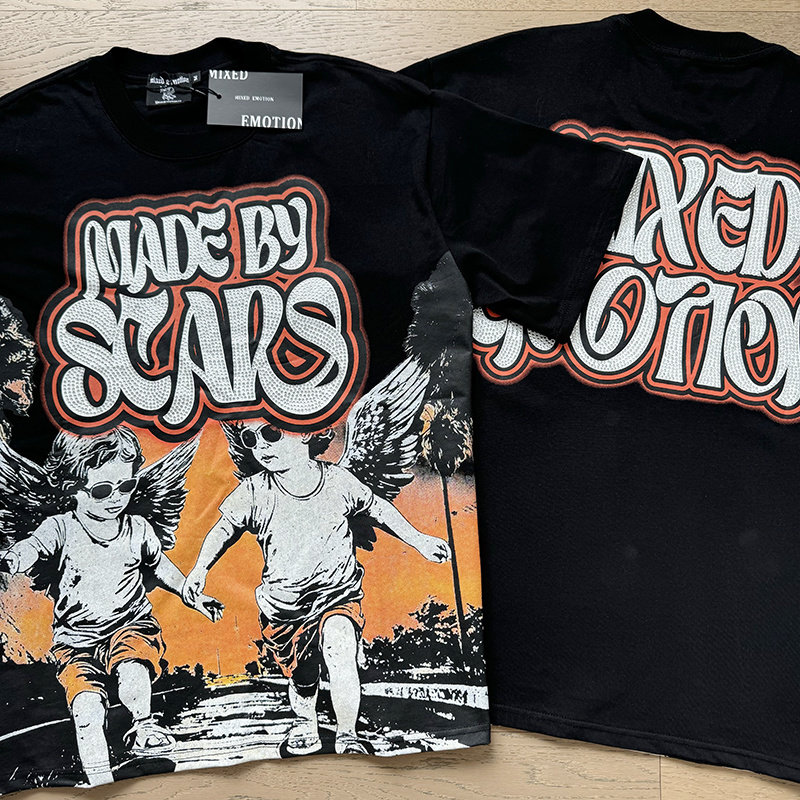 MIXED EMOTION情侣小天使烫钻印花美潮摇滚嘻哈宽松纯棉短袖T恤衫