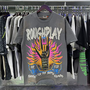 美潮Rough 宽松纯棉T恤衫 短袖 Play手势吉他复古洗水做旧破洞夏季