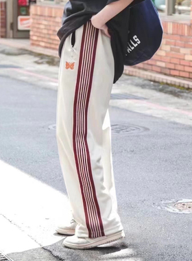 needles蝴蝶刺绣小众欧美潮牌春秋运动休闲宽松百搭条纹直筒长裤