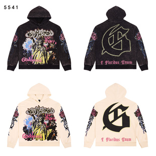 美式Godspeed复古涂鸦自由女神洗水做旧印花潮牌嘻哈毛圈连帽卫衣