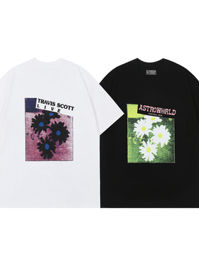 高品质Travis Scott花卉印花潮牌INS高街嘻哈重磅纯棉短袖宽松T恤