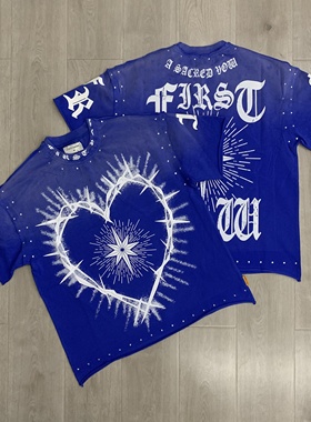 First Row美式潮牌爱心印花反车烫钻高街夏T恤衫宽松纯棉圆领短袖