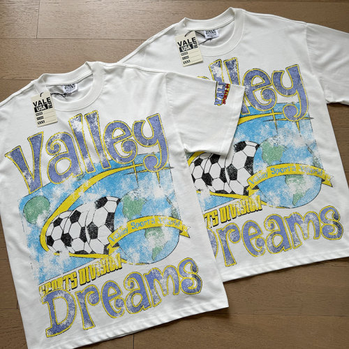 美式Vale Valley潮牌做旧足球印花复古烫钻INS宽松纯棉短袖T恤衫