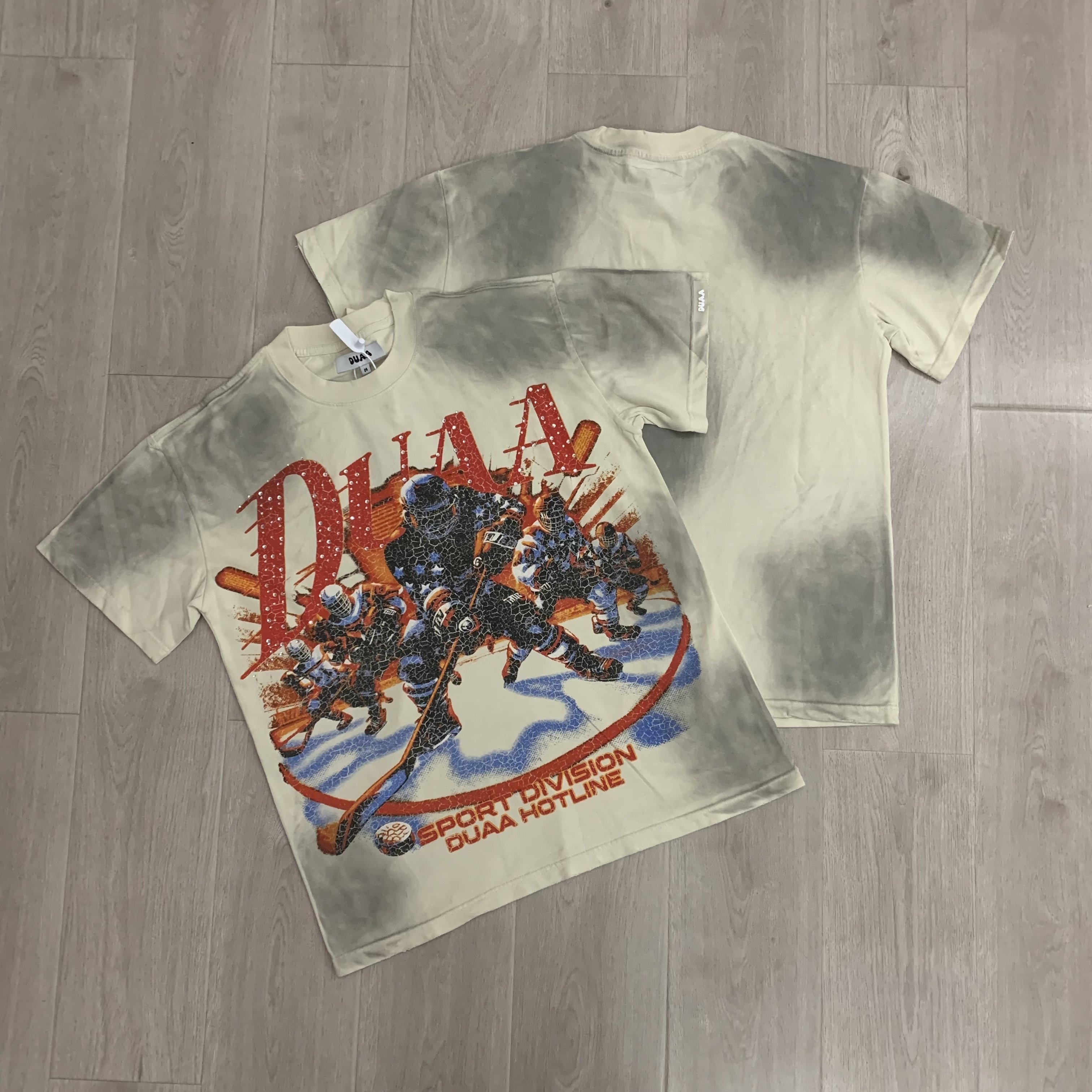 美式潮牌DUAA冰球印花洗水做旧镶钻ins款男女宽松纯棉圆领短袖T恤,男装,T恤,淘宝优惠券,粉丝福利购,淘宝优惠卷