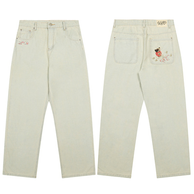 美式Derschutze潮牌小众ins卡通漫画刺绣阔腿直筒长裤高街牛仔裤