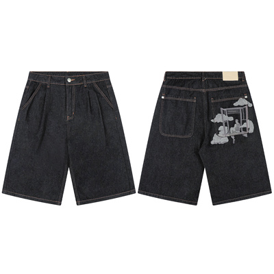 Derschutze美式小众ins款潮牌刺绣高街阔腿休闲百搭直筒牛仔短裤