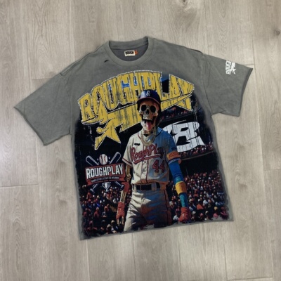 RoughPlay棒球手白墨直喷INS款纯棉短袖烫钻破洞洗水做旧上衣T恤