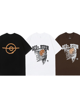 Travis Scott潮牌高街篮球印花嘻哈重磅纯棉宽松高品质短袖T恤衫