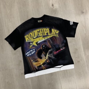 RoughPlay欧美电影片段白墨直喷破洞烫钻圆领纯棉假两件短袖T恤衫