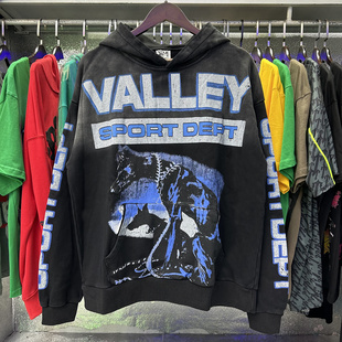 Valley复古猎犬印花洗水做旧街头嘻哈纯棉连帽毛圈卫衣 美潮Vale