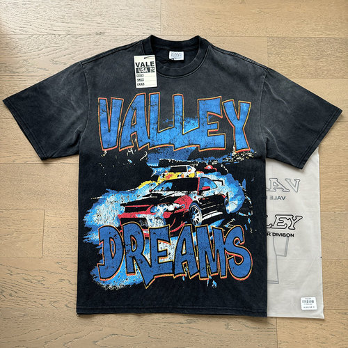 Vale Valley美式复古赛车印花INS潮牌高街洗水做旧纯棉短袖T恤衫