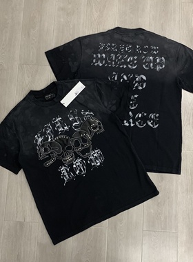 First Row美式字母骷髅皮革刺绣钉珠高街夏T恤衫宽松纯棉圆领短袖