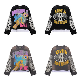 美潮Rough Play闪电骷髅复古洗水做旧拼接破洞小众ins纯棉T恤长袖