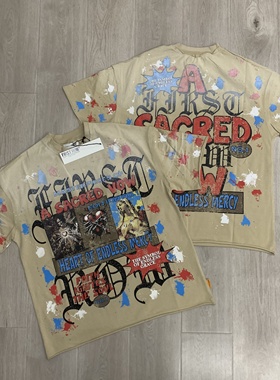 First Row美式涂鸦印花烫钻洗水反车高街夏T恤衫宽松纯棉圆领短袖