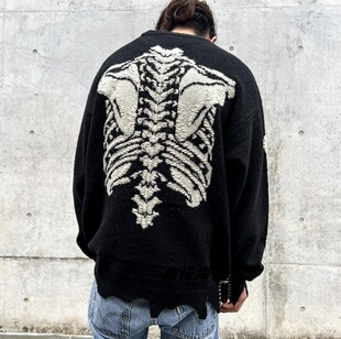 Saint Michael小众设计潮流骷髅骨头架复古针织衫破坏宽松毛衣男