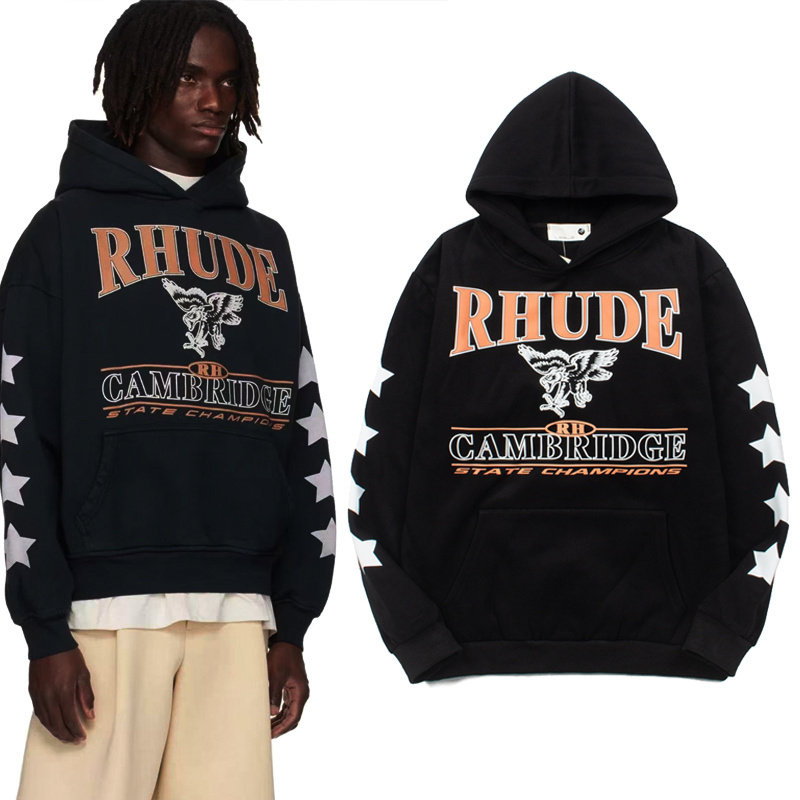 美式潮牌Rhude复古VINTAGE老鹰星星印花boxy秋冬百搭抓绒连帽卫衣