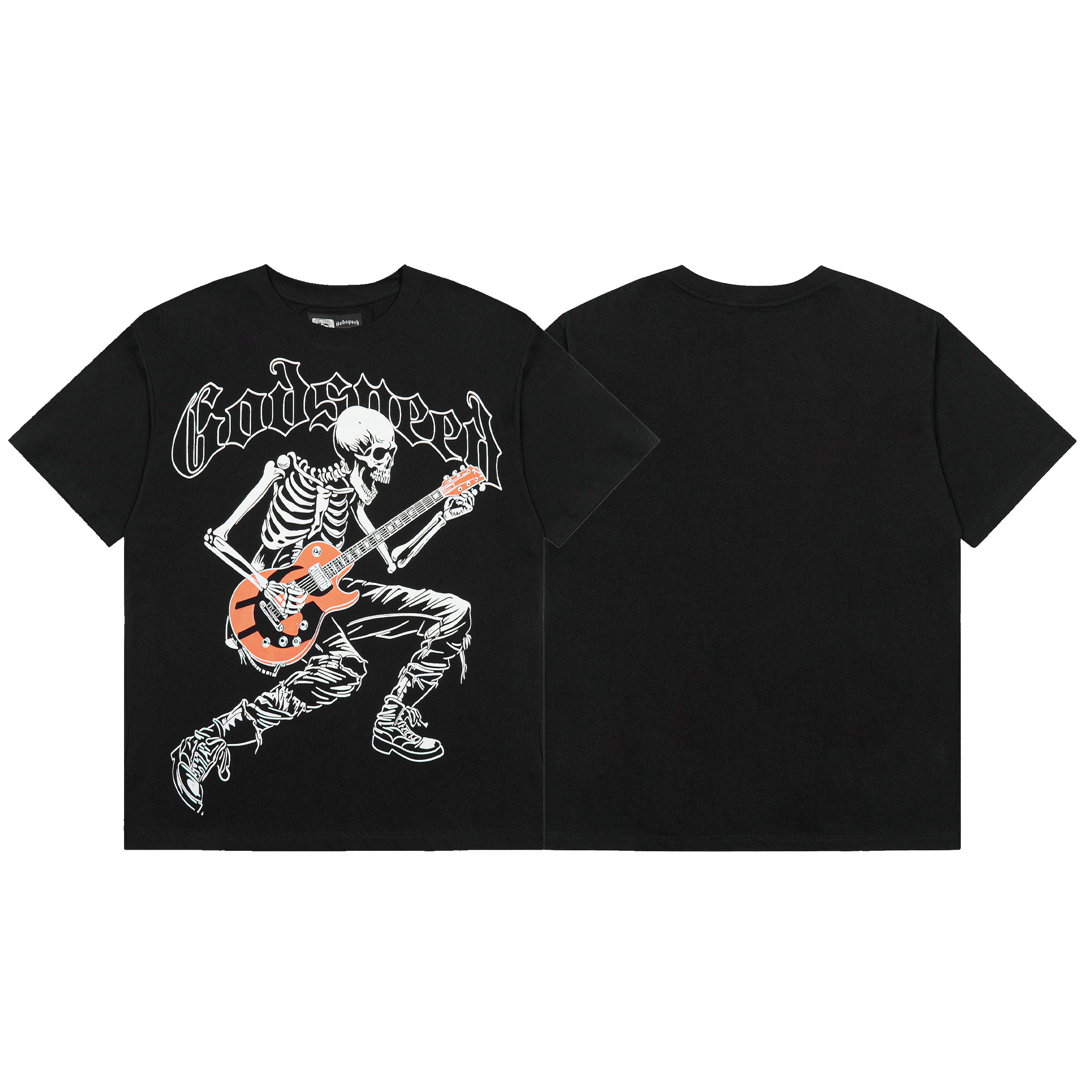godspeed美式吉他骷髅人复古洗水做旧高街嘻哈纯棉宽松短袖T恤衫