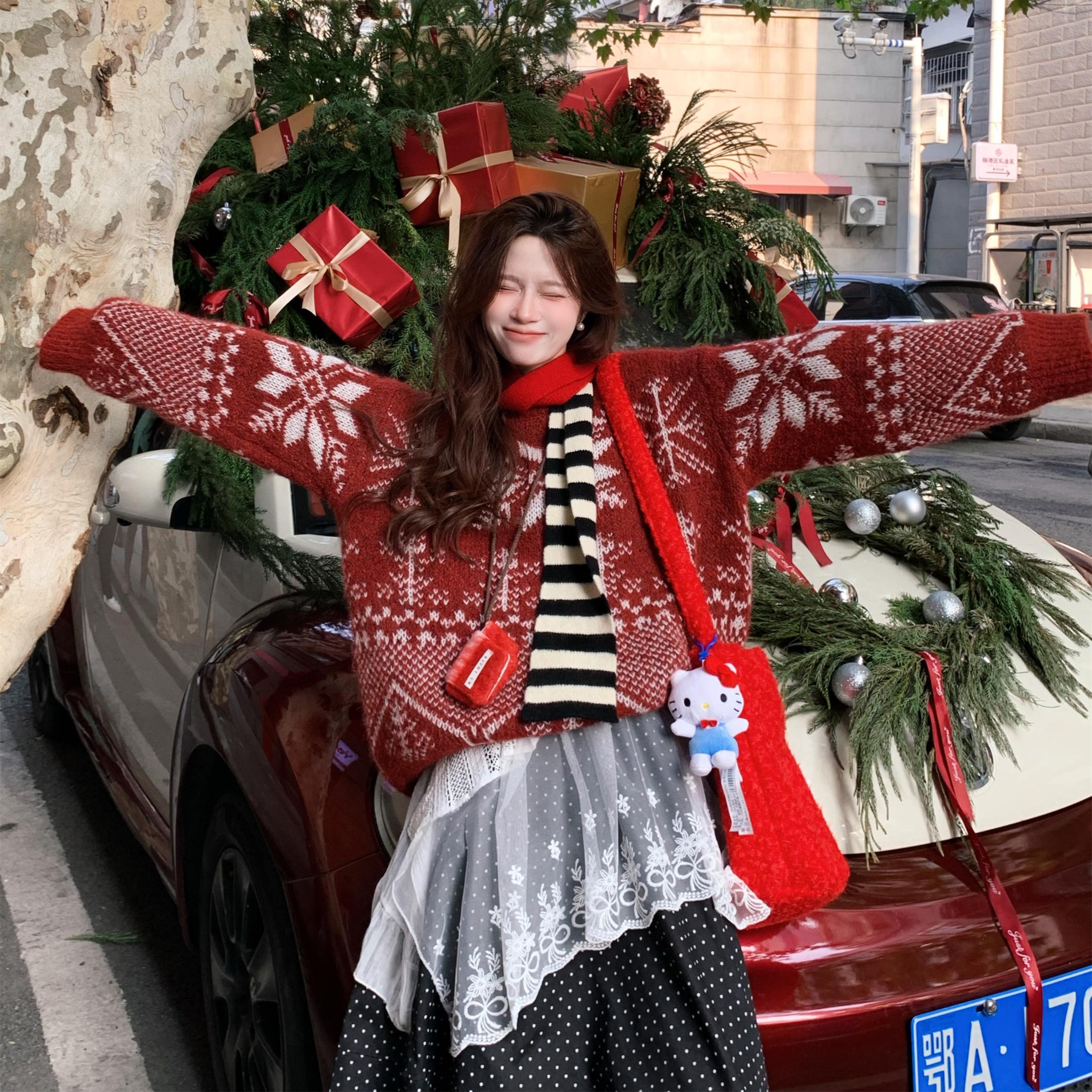 红色复古毛衣控费尔岛冬季圣诞提花针织外套韩系ins风设计感上衣