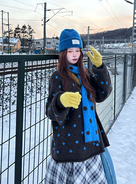 蓝色波点设计毛衣开衫含波点围巾秋冬季宽松慵懒ins咖啡色针织衫