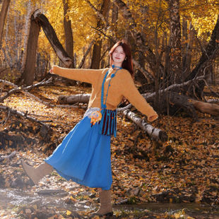 少女感蓝色半身裙2025秋冬新款女高腰显瘦a字法式黄色小个子伞裙