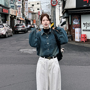原宿ins风设计显瘦衬衣 新款 牛仔百搭蓝色衬衫 复古叠穿女2024秋季
