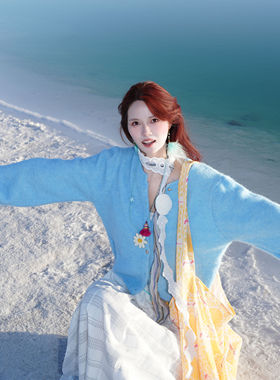 针织显瘦蓝色毛衣开衫女秋季新款百搭宽松长袖韩版慵懒ins风外套