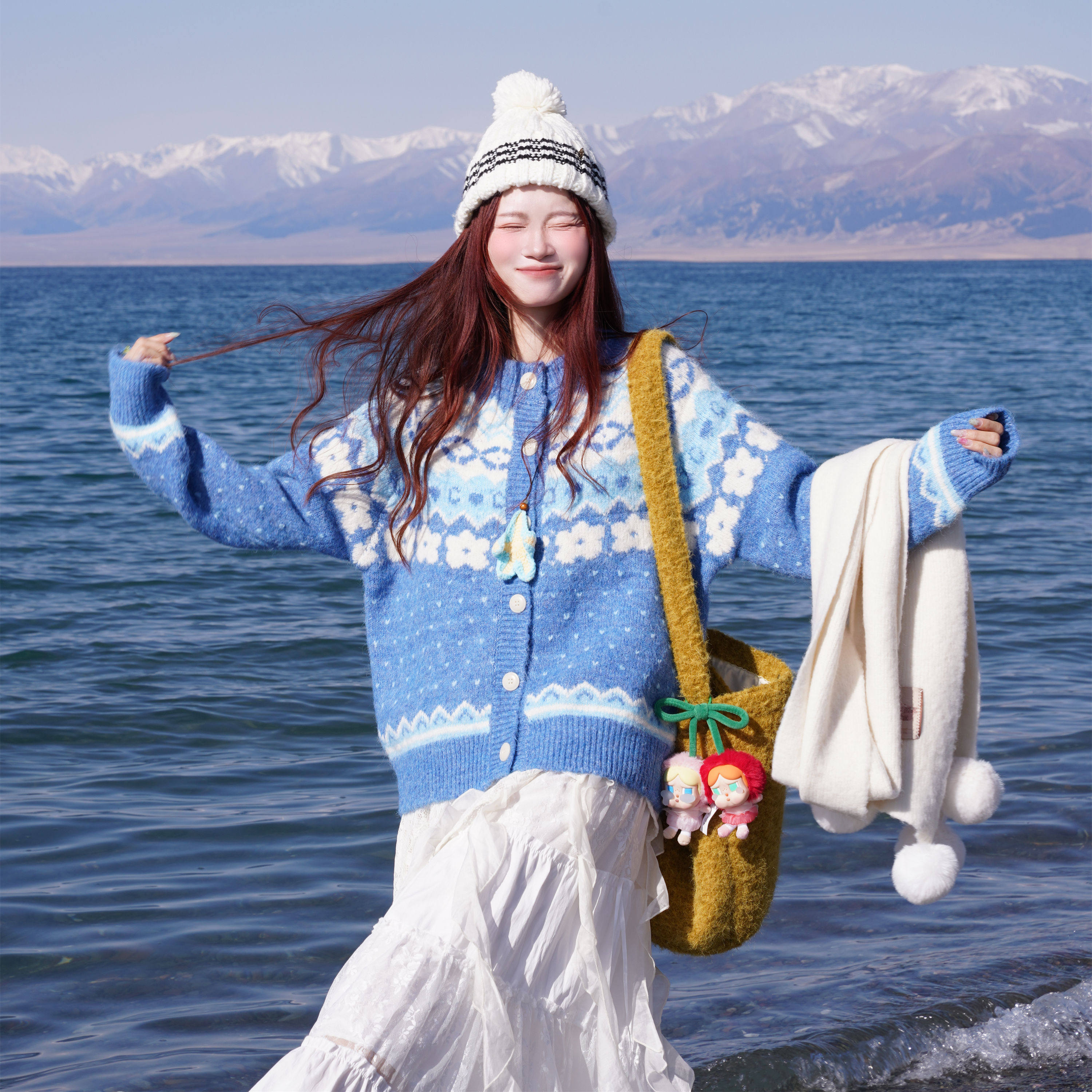 韩系蓝色费尔岛毛衣北欧复古