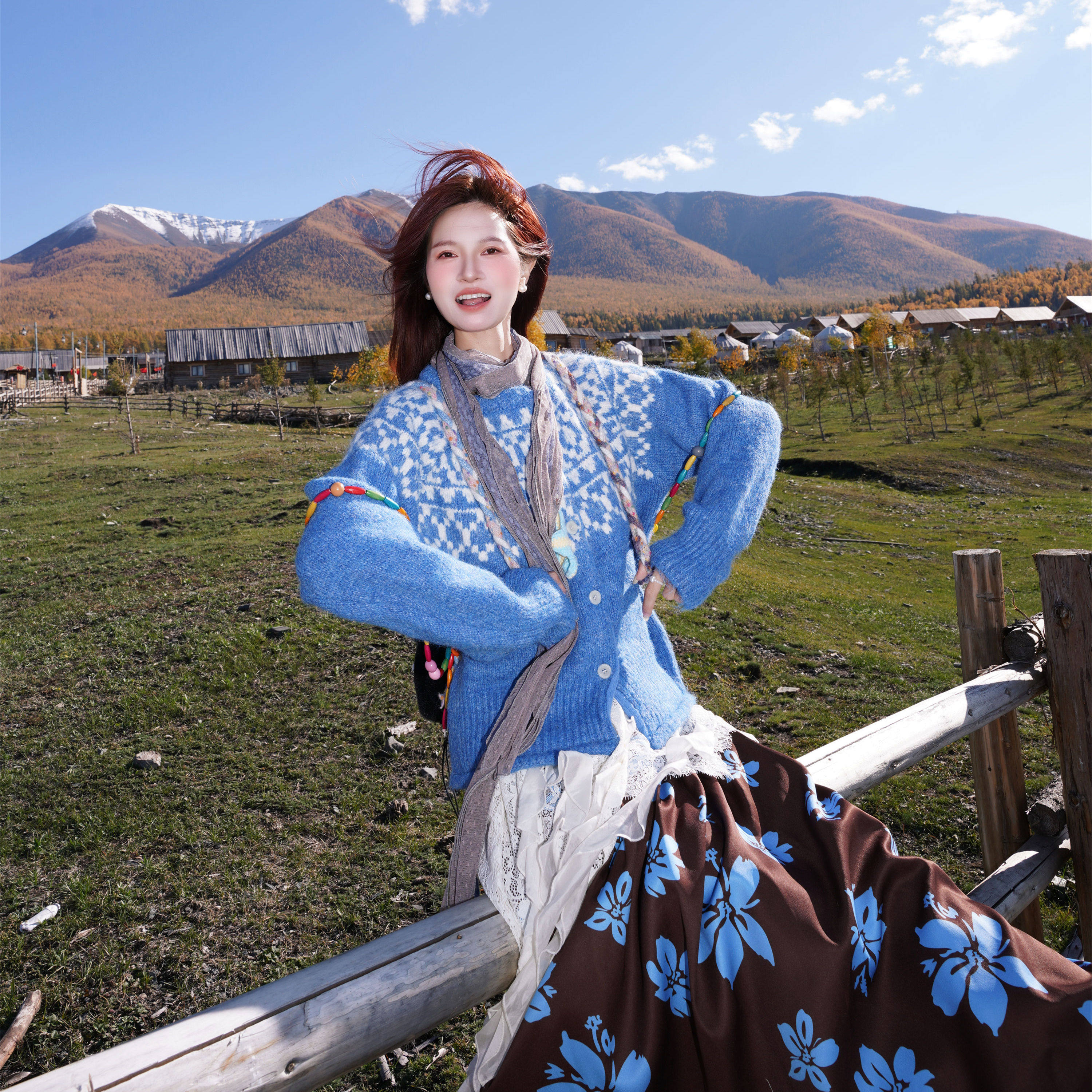 韩系蓝色费尔岛毛衣开衫