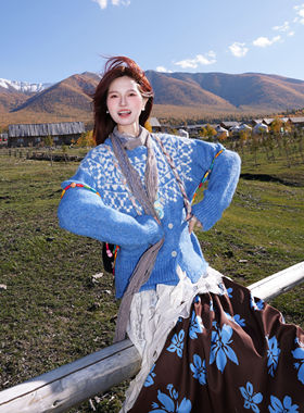 韩系蓝色费尔岛毛衣开衫秋冬季新款北欧复古小个子ins软糯针织衫