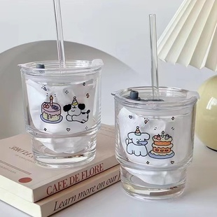 日韩ins玻璃吸管杯子蛋糕小狗水杯学生喝水杯子玻璃杯
