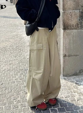 OREETA丨美式弯刀大口袋加厚廓版宽松工装裤男女潮牌设计感工装裤