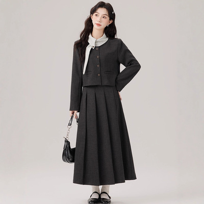 撞色领设计感套装裙女秋冬搭配一整套短款外套百褶半身裙两件套