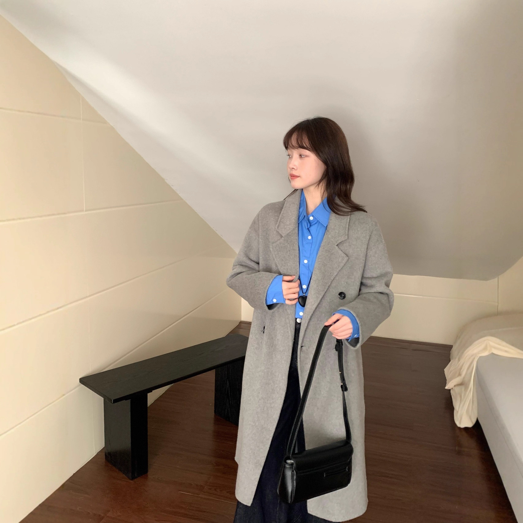 秋冬新款双面羊绒大衣女气质显瘦韩系学院风高端西装领羊绒外套