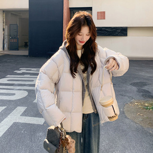 实拍高级90白鸭绒方格廓形拼接针织连帽假两件羽绒服外套女冬爆款
